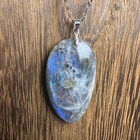 Labradorite Teardrop Pendant Necklace - Long Stainless Steel Chain - Blue Flash - Picture 8 of 13